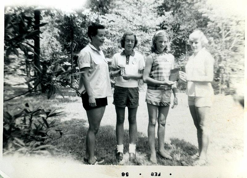 49.jpg - Campers receiving riflery and horseback awards from counselors Jackie(?) and Yum-Yum